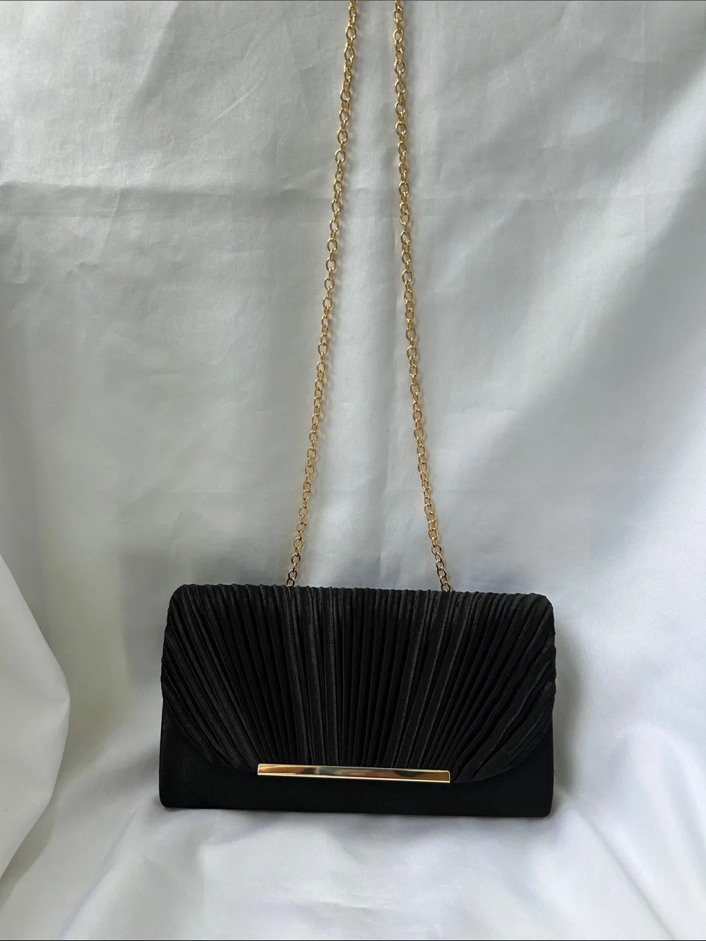 Black Pleated Evening Clutch with Gold Chain